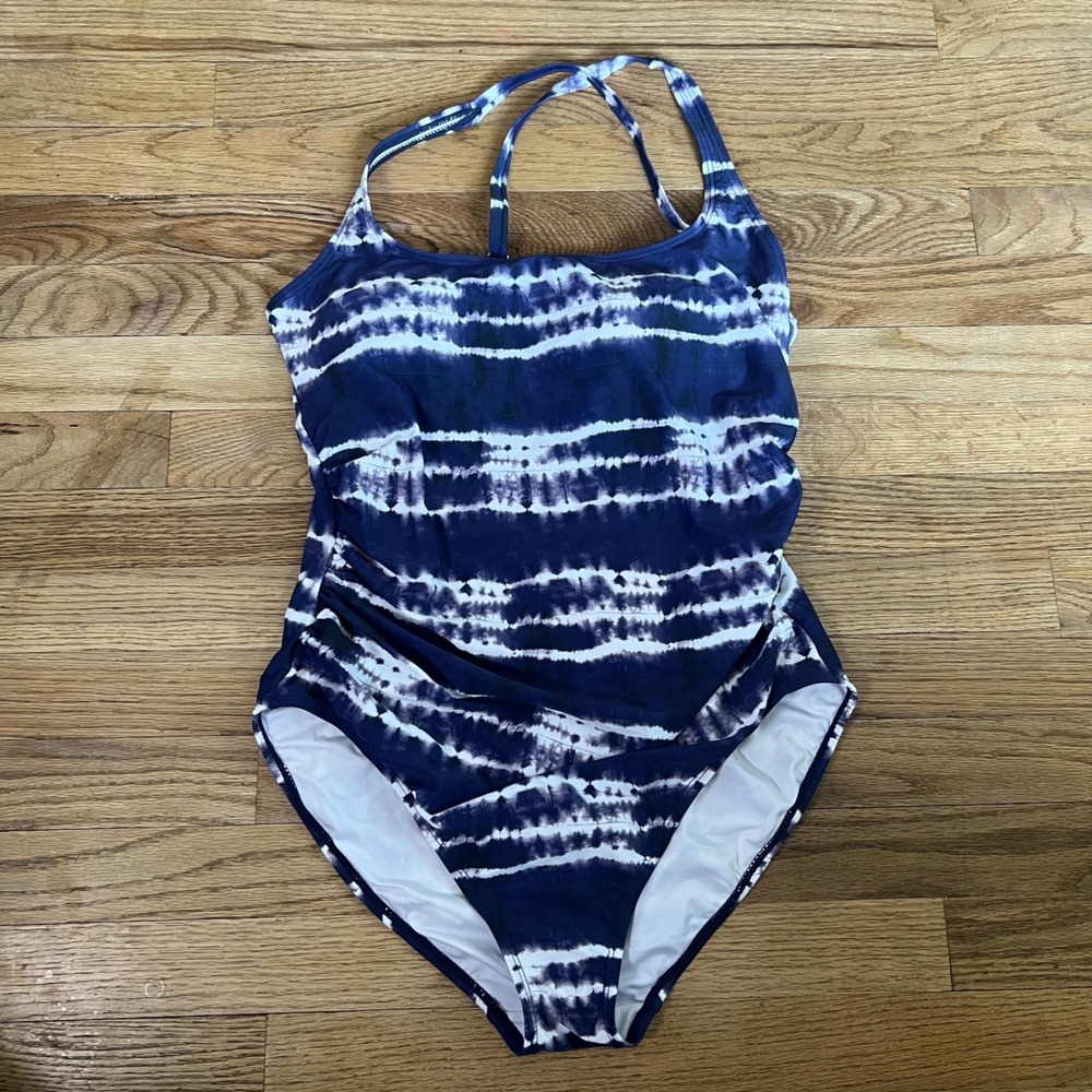 Nautica Womens Tie Dye One Piece Swimsuit Blue White Ruched Shelf Bra XL